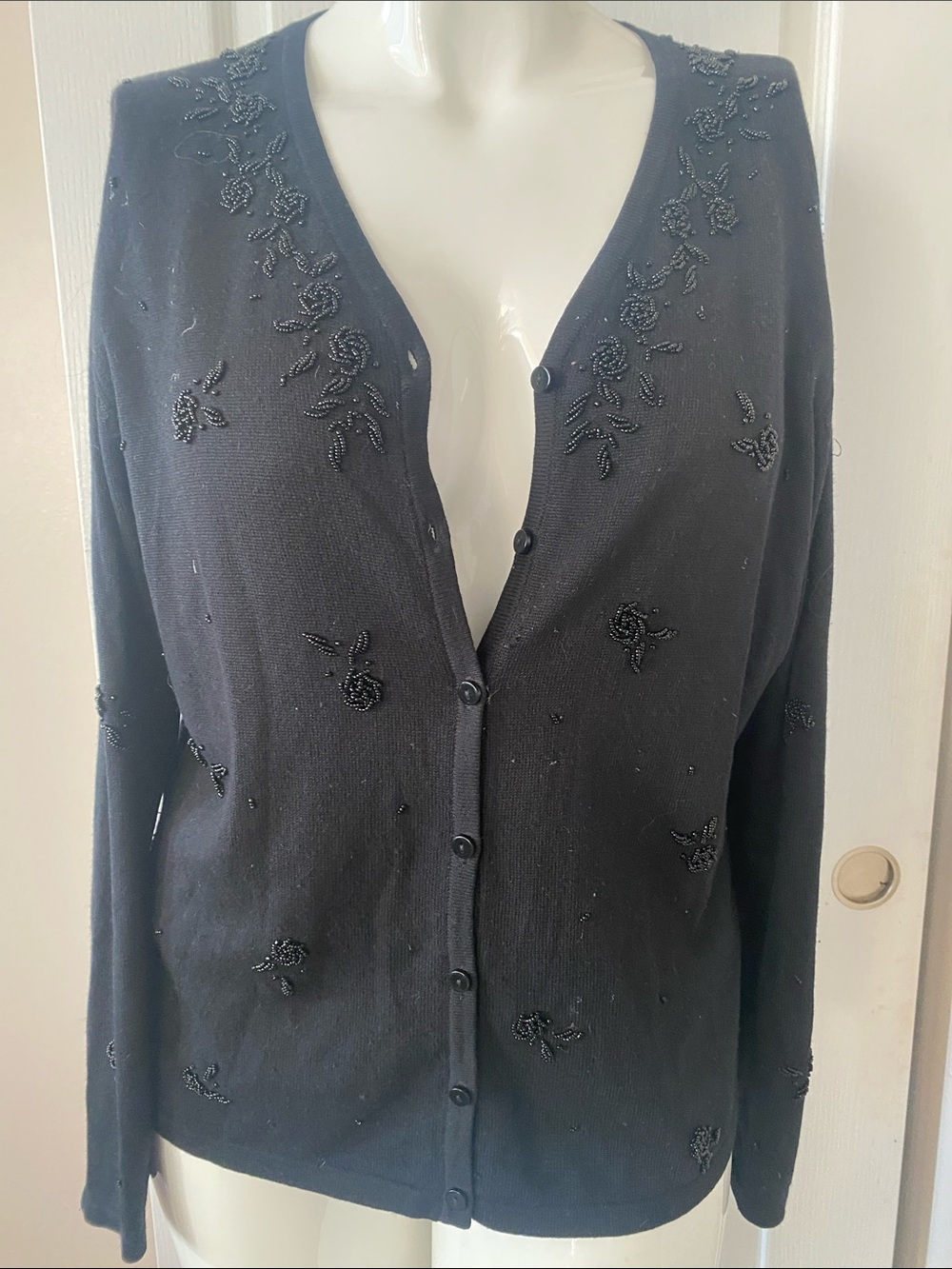 Talbots Black Beaded V‑Neck Button Cardigan